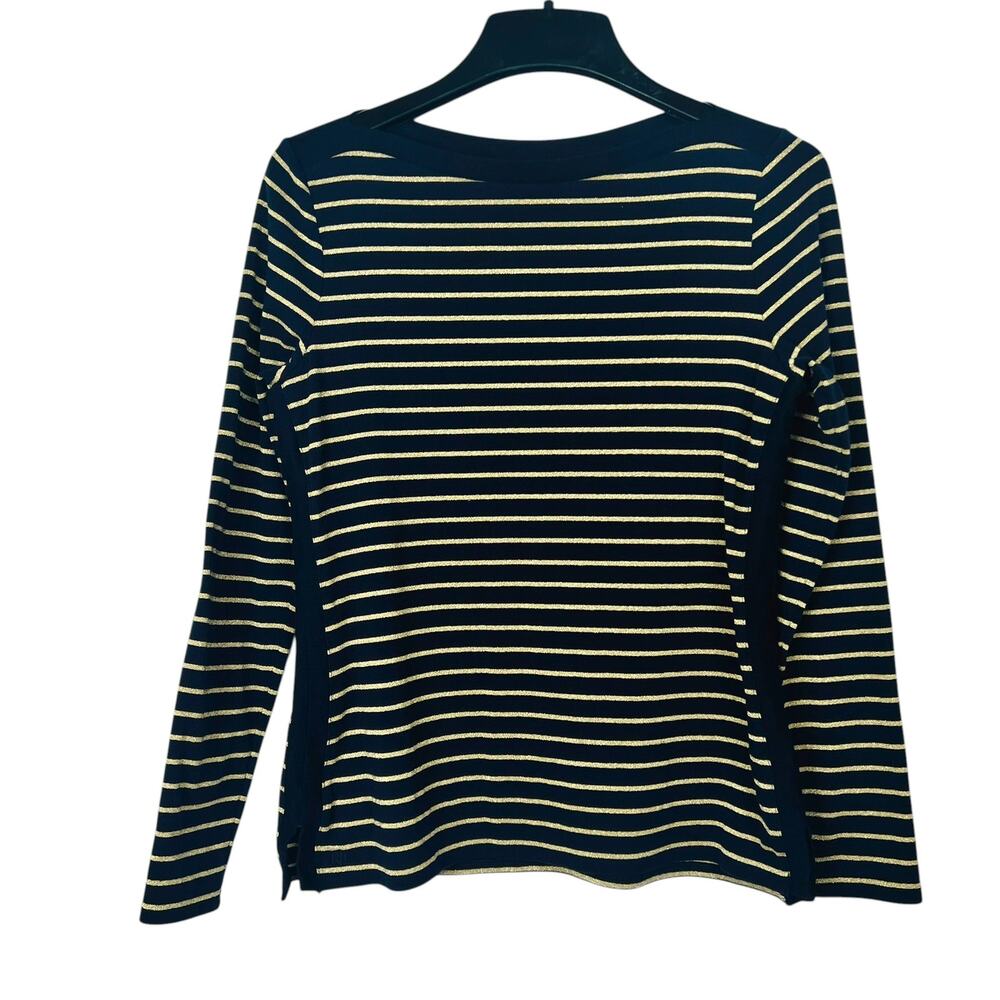 Lauren Ralph Lauren Women's Size PL Blue/Gold Metallic Stripe Long Sleeve Shirt